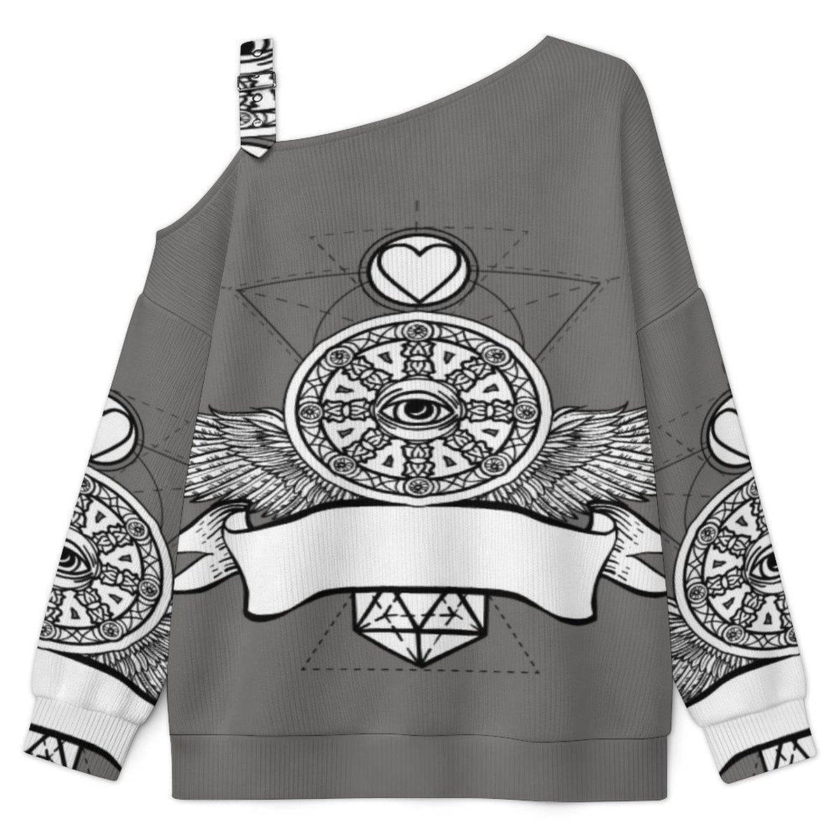 Off-the-shoulder Sweater Wing Eye  Asymmetric Cold Shoulder Knit Sweater for Women, Adjustable Buckle Strap Long Sleeve Casual Slouchy Pullover