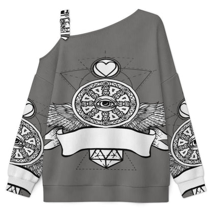 Off-the-shoulder Sweater Wing Eye  Asymmetric Cold Shoulder Knit Sweater for Women, Adjustable Buckle Strap Long Sleeve Casual Slouchy Pullover