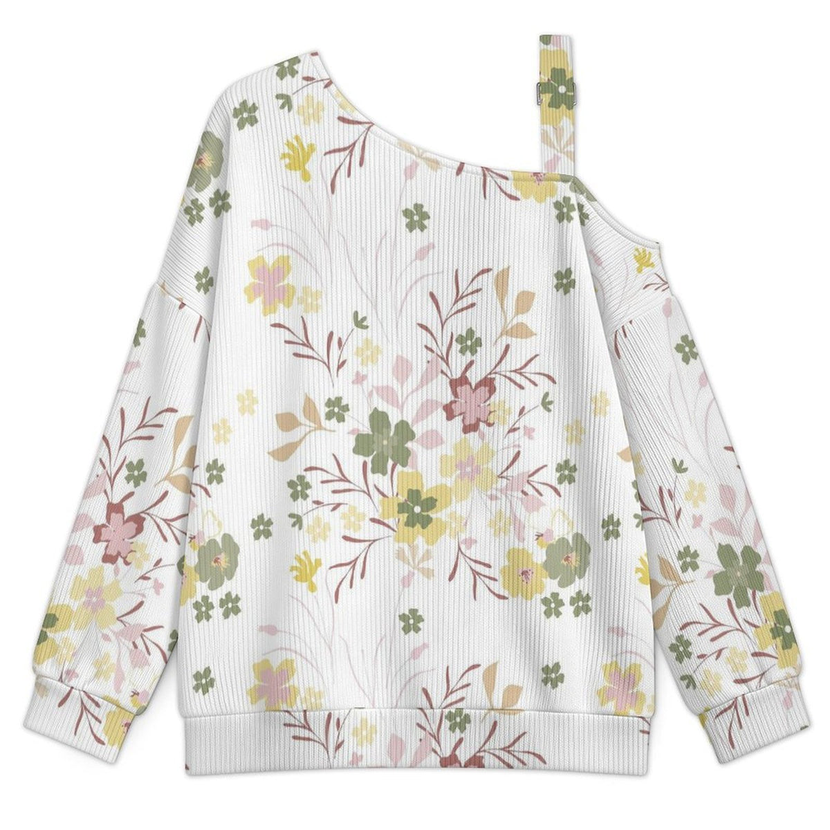 Off-the-shoulder Sweater Floral Pattern  Asymmetric Cold Shoulder Knit Sweater for Women, Adjustable Buckle Strap Long Sleeve Casual Slouchy Pullover
