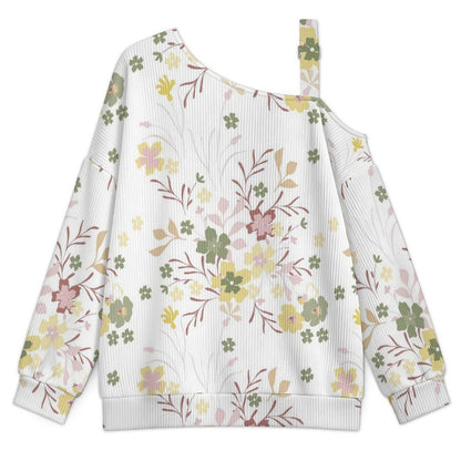 Off-the-shoulder Sweater Floral Pattern  Asymmetric Cold Shoulder Knit Sweater for Women, Adjustable Buckle Strap Long Sleeve Casual Slouchy Pullover