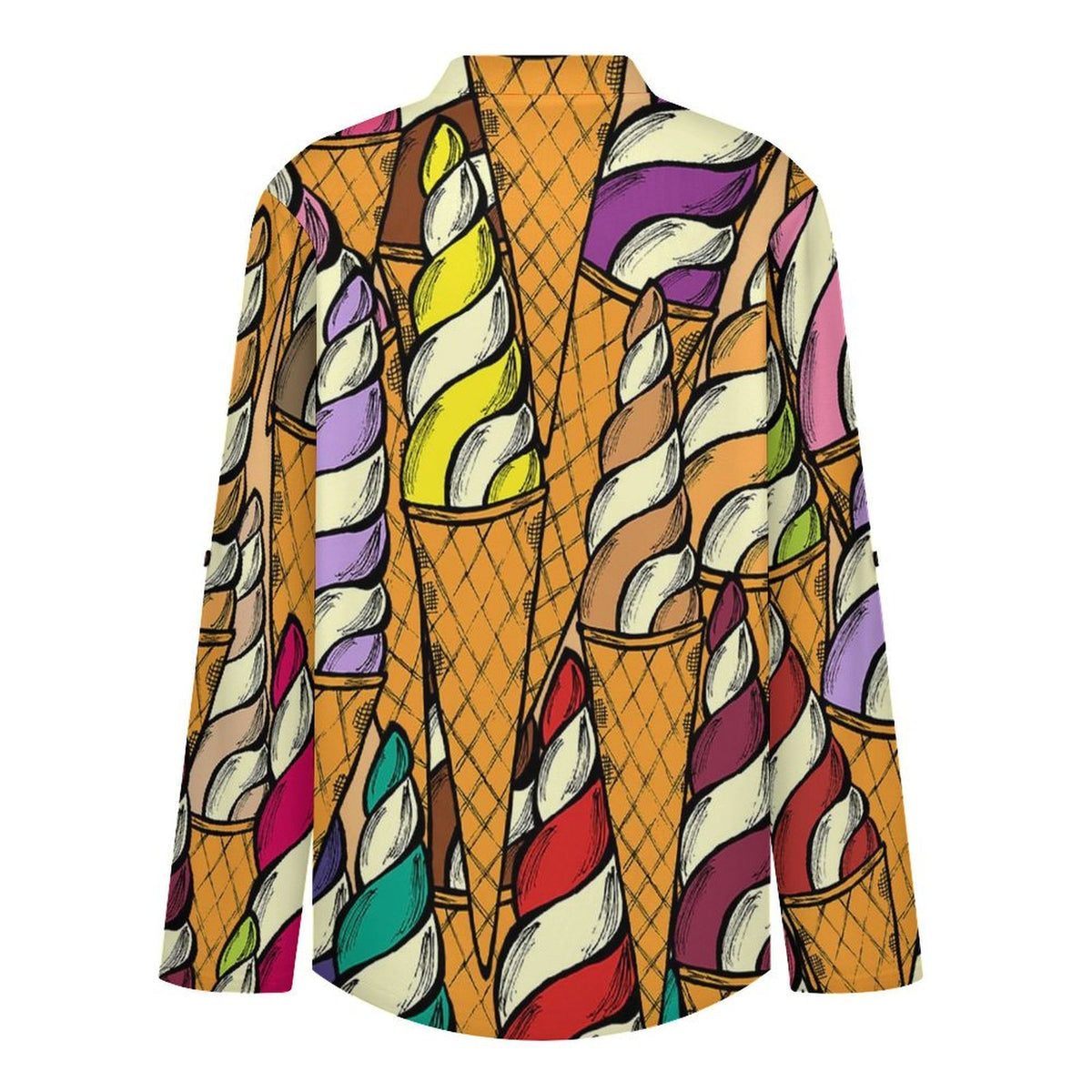 Stand-up Collar Long-sleeved Shirt Colorful Ice Cream Pattern  Customization Women’s V-Neck Blouses,long Sleeve,Roll-Up Sleeve Shirt