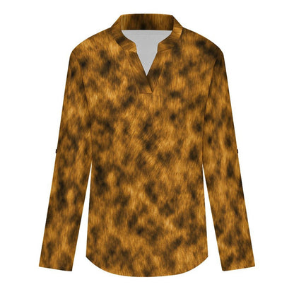 Stand-up Collar Long-sleeved Shirt Fur Coat  Customization Women’s V-Neck Blouses,long Sleeve,Roll-Up Sleeve Shirt