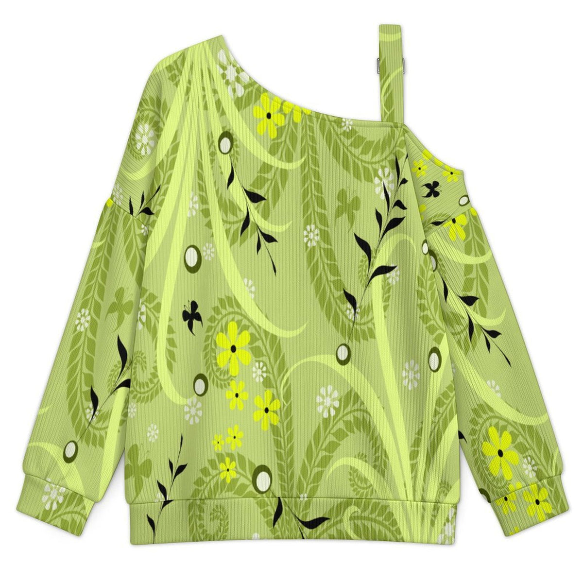 Green Leaf Pattern Buckle Strap Asymmetrical Off Shoulder Knit Sweater