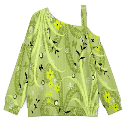 Green Leaf Pattern Buckle Strap Asymmetrical Off Shoulder Knit Sweater