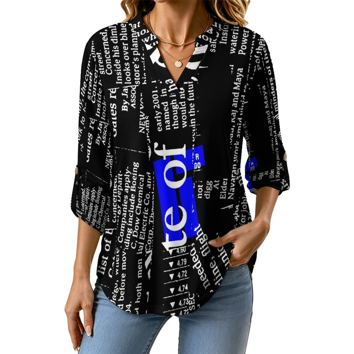 Stand-up Collar Long-sleeved Shirt Newspaper Dress  Customization Women’s V-Neck Blouses,long Sleeve,Roll-Up Sleeve Shirt