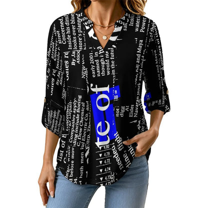 Stand-up Collar Long-sleeved Shirt Newspaper Dress  Customization Women’s V-Neck Blouses,long Sleeve,Roll-Up Sleeve Shirt