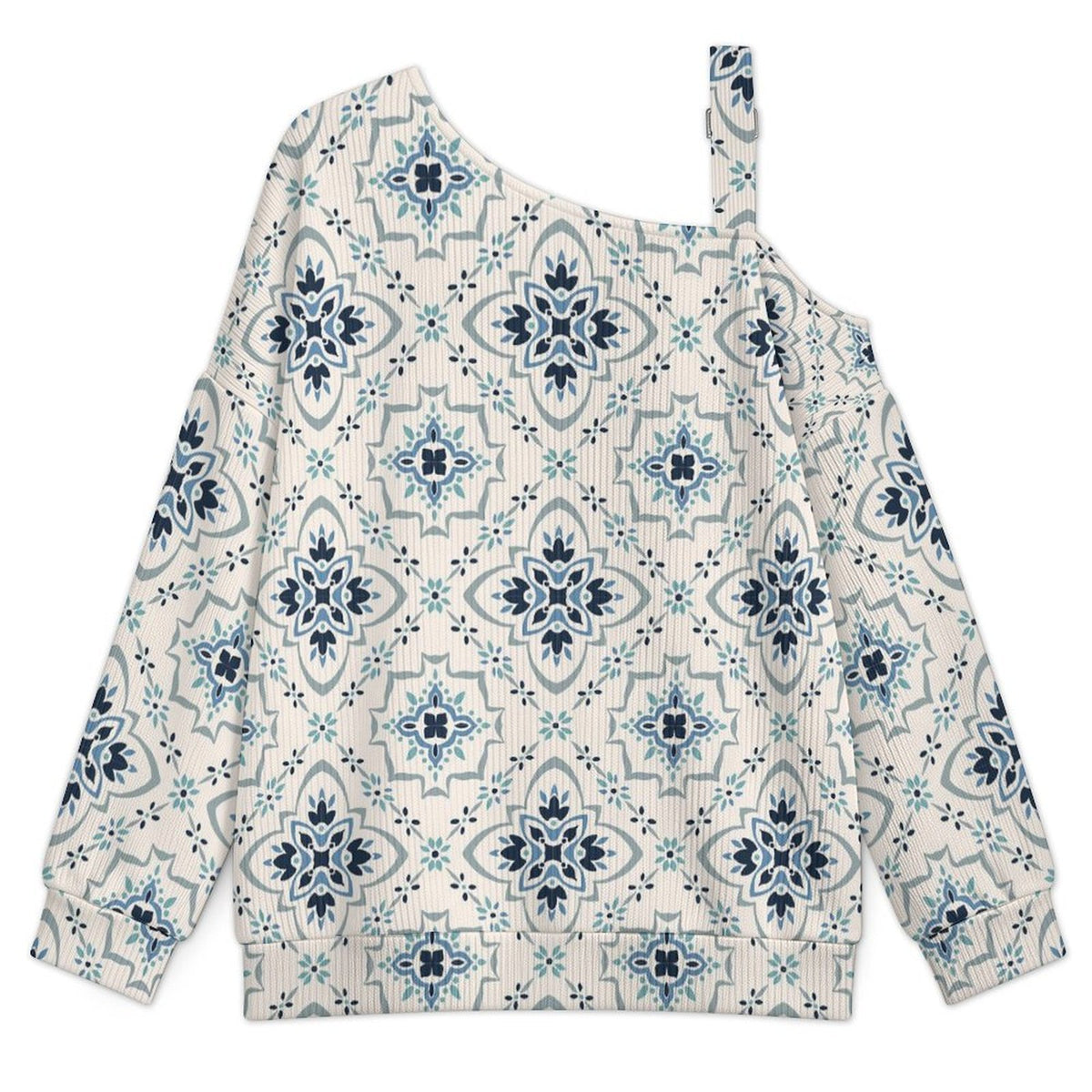 Off-the-shoulder Sweater European Retro Pattern  Asymmetric Cold Shoulder Knit Sweater for Women, Adjustable Buckle Strap Long Sleeve Casual Slouchy Pullover