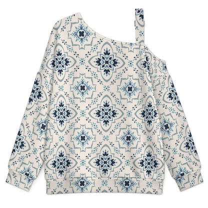 Off-the-shoulder Sweater European Retro Pattern  Asymmetric Cold Shoulder Knit Sweater for Women, Adjustable Buckle Strap Long Sleeve Casual Slouchy Pullover