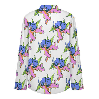 Stand-up Collar Long-sleeved Shirt Octopus Angel Pattern  Customization Women’s V-Neck Blouses,long Sleeve,Roll-Up Sleeve Shirt