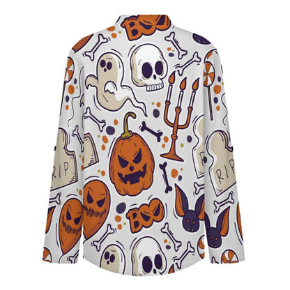 Stand-up Collar Long-sleeved Shirt Halloween, Ghosts, Pumpkins  Customization Women’s V-Neck Blouses,long Sleeve,Roll-Up Sleeve Shirt