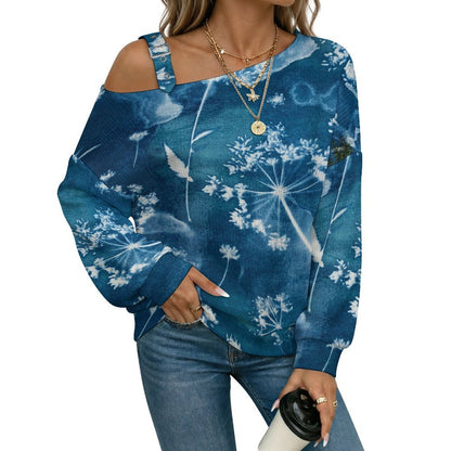 Off-the-shoulder Sweater Deep Sea, Dandelion, Blue  Asymmetric Cold Shoulder Knit Sweater for Women, Adjustable Buckle Strap Long Sleeve Casual Slouchy Pullover