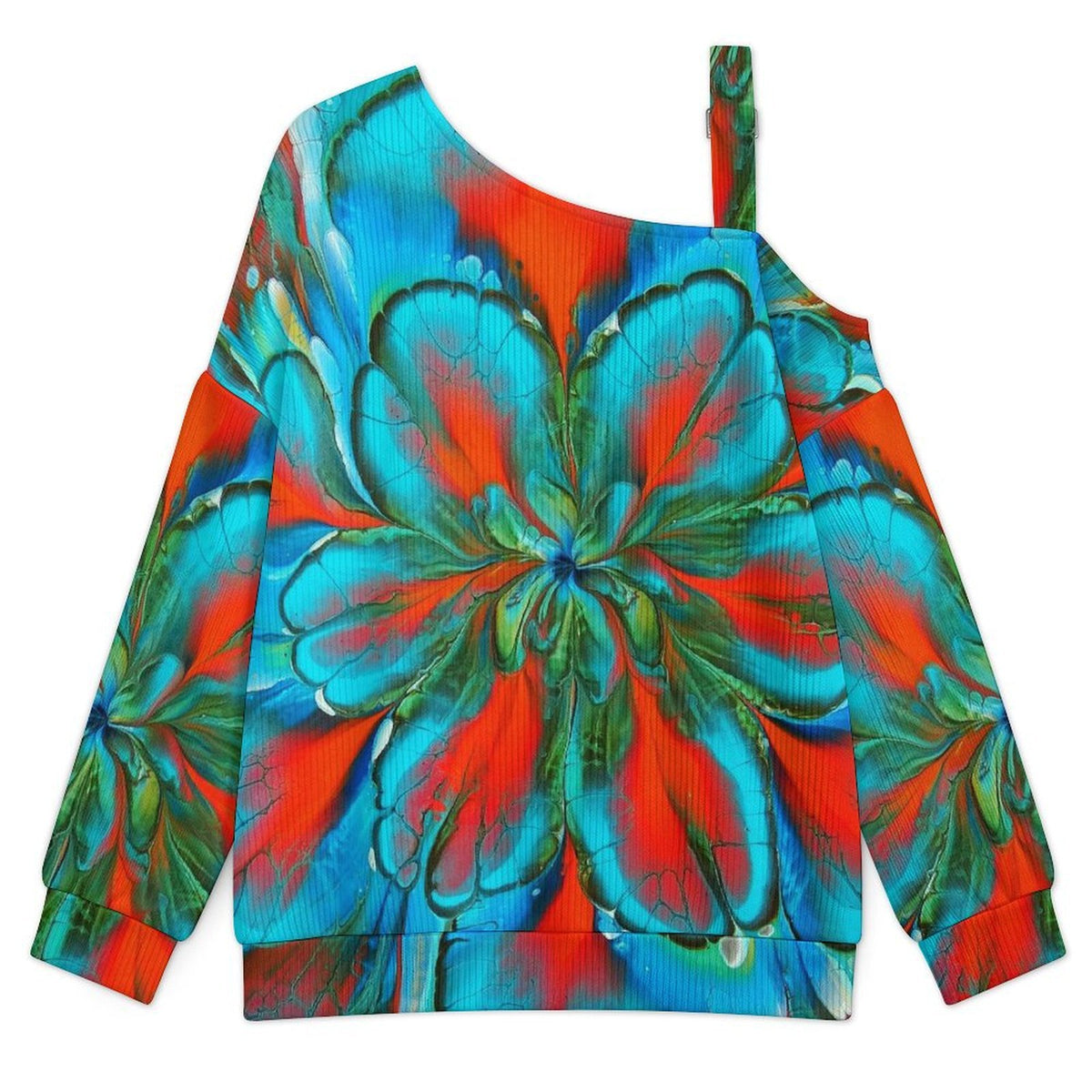 Off-the-shoulder Sweater Floral Pattern  Asymmetric Cold Shoulder Knit Sweater for Women, Adjustable Buckle Strap Long Sleeve Casual Slouchy Pullover