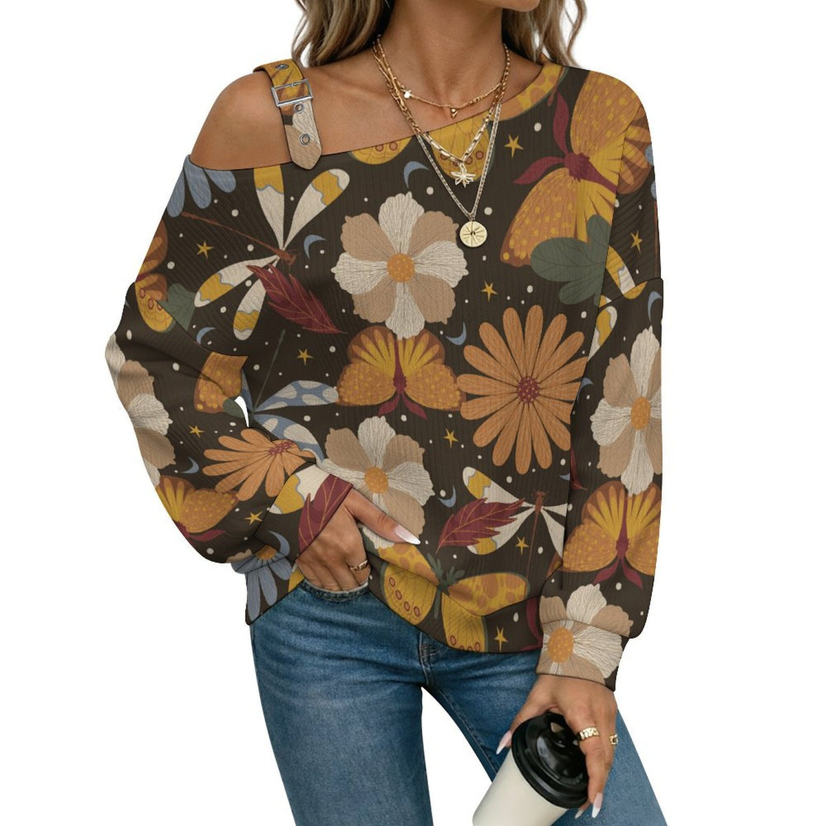 Octopus Love PatternAdjustable Buckle Strap Long Sleeve Casual Slouchy Pullover
