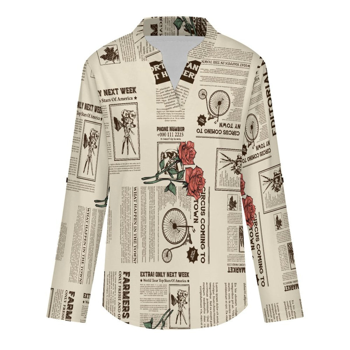 Stand-up Collar Long-sleeved Shirt Yellow Newspaper  Red Rose  Customization Women’s V-Neck Blouses,long Sleeve,Roll-Up Sleeve Shirt