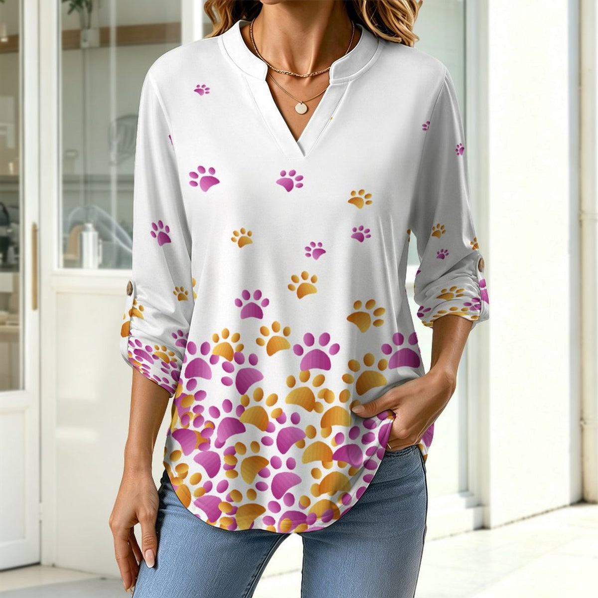 Dog Footprints Dress Blue  Versatile Notched V-Neck Tunic | Roll Tab 3/4 Sleeve Office Casual Top