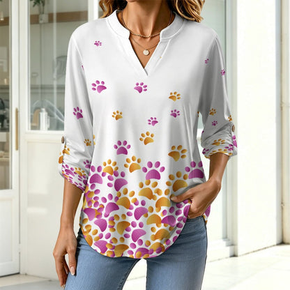 Dog Footprints Dress Blue  Versatile Notched V-Neck Tunic | Roll Tab 3/4 Sleeve Office Casual Top