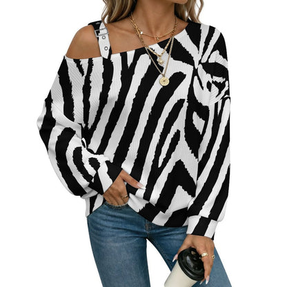 Off-the-shoulder Sweater Zebra Pattern  Asymmetric Cold Shoulder Knit Sweater for Women, Adjustable Buckle Strap Long Sleeve Casual Slouchy Pullover
