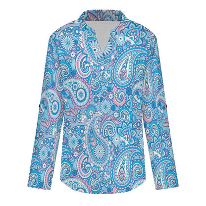 Stand-up Collar Long-sleeved Shirt Paisley  Customization Women’s V-Neck Blouses,long Sleeve,Roll-Up Sleeve Shirt