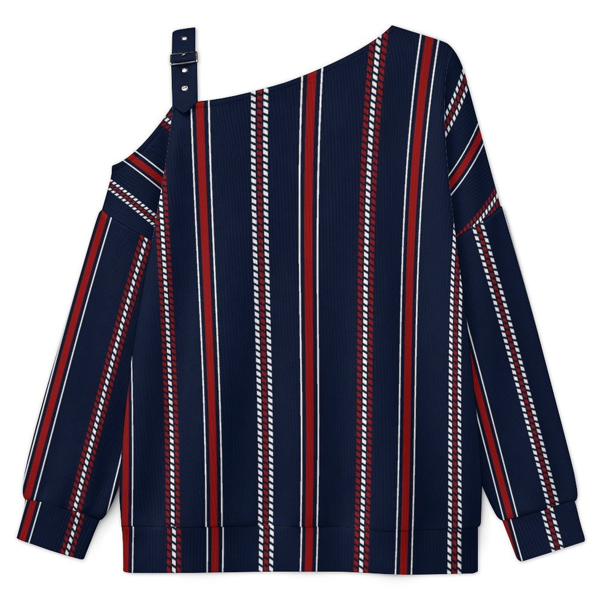 Off-the-shoulder Sweater Stripe  Asymmetric Cold Shoulder Knit Sweater for Women, Adjustable Buckle Strap Long Sleeve Casual Slouchy Pullover