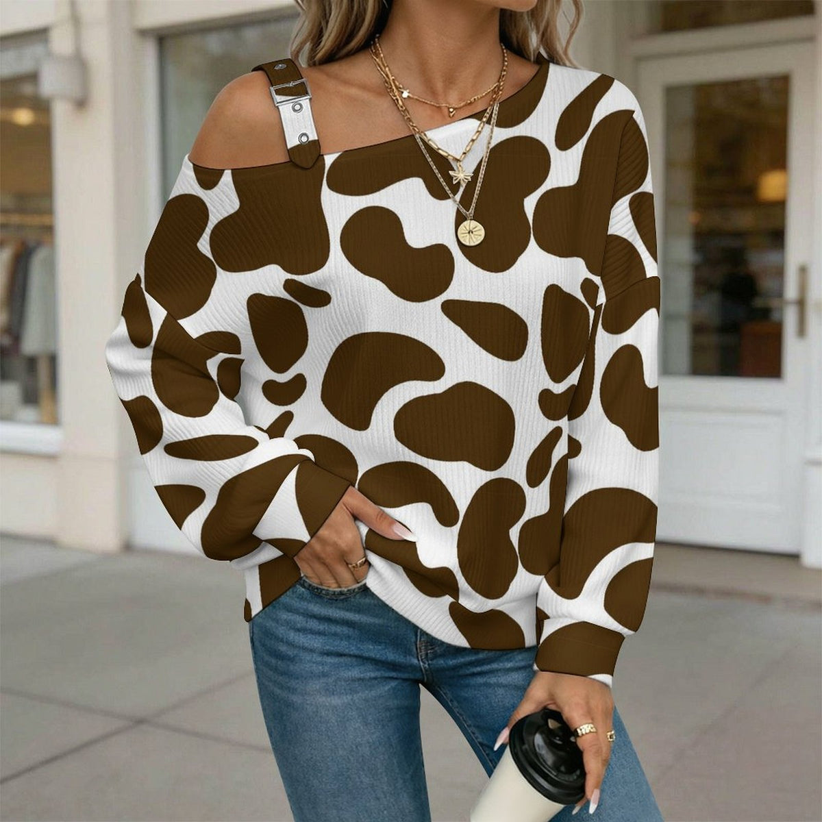 Off-the-shoulder Sweater Pattern-cow-brown-white-repeat  Asymmetric Cold Shoulder Knit Sweater for Women, Adjustable Buckle Strap Long Sleeve Casual Slouchy Pullover