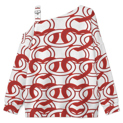 Off-the-shoulder Sweater Heart Pattern  Asymmetric Cold Shoulder Knit Sweater for Women, Adjustable Buckle Strap Long Sleeve Casual Slouchy Pullover
