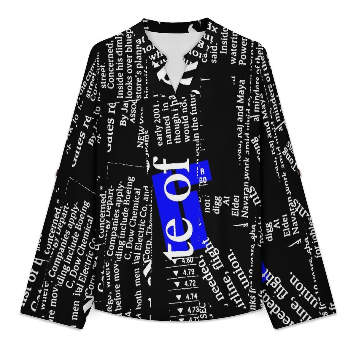 Stand-up Collar Long-sleeved Shirt Newspaper Dress  Customization Women’s V-Neck Blouses,long Sleeve,Roll-Up Sleeve Shirt
