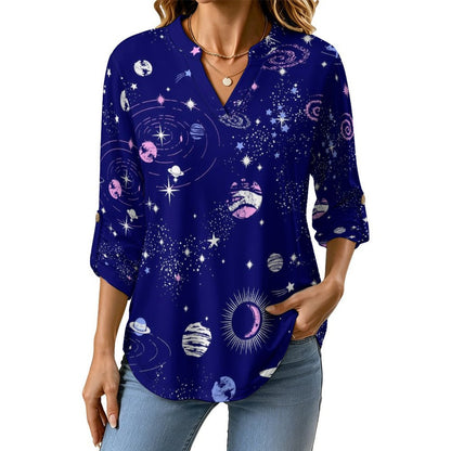 Women's Notched V Neck Tunic Tops, Roll Up 3/4 Sleeve Button Cuff Casual Blouse, Hem Loose Work Shirts  Blue Planet, Outer Space