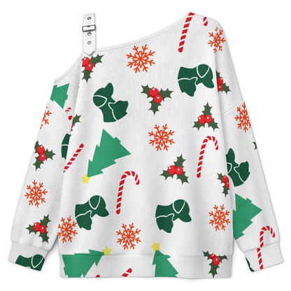 Off-the-shoulder Sweater Christmas Tree Dog Cat Candy Cane Snowflake Leaves  Asymmetric Cold Shoulder Knit Sweater for Women, Adjustable Buckle Strap Long Sleeve Casual Slouchy Pullover