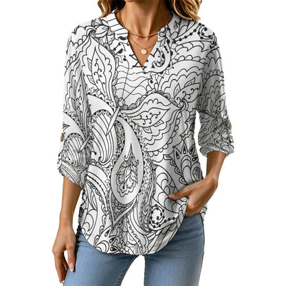 Stand-up Collar Long-sleeved Shirt Retro Pattern  Customization Women’s V-Neck Blouses,long Sleeve,Roll-Up Sleeve Shirt