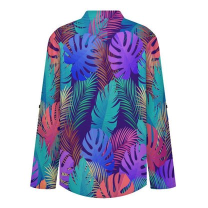 Stand-up Collar Long-sleeved Shirt Color, Leaves, Summer  Customization Women’s V-Neck Blouses,long Sleeve,Roll-Up Sleeve Shirt