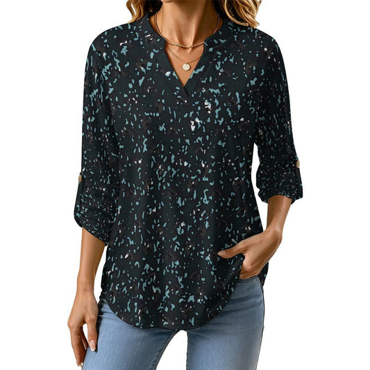 Stand-up Collar Long-sleeved Shirt Plant Bird Leaves  Women’s V-Neck Blouses