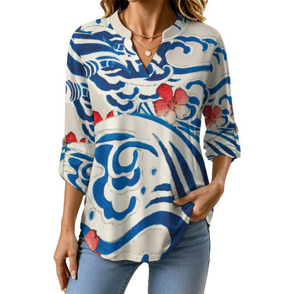 Stand-up Collar Long-sleeved Shirt Chinese Wind, Waves, Flowers  Customization Women’s V-Neck Blouses,long Sleeve,Roll-Up Sleeve Shirt
