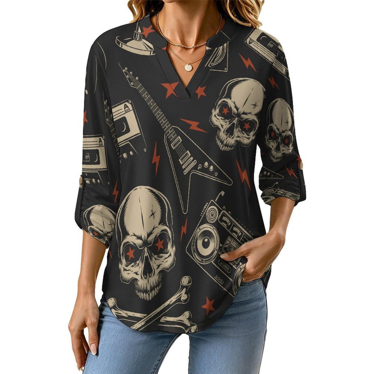 Stand-up Collar Long-sleeved Shirt Retro Skull Pattern, Music  Customization Women’s V-Neck Blouses,long Sleeve,Roll-Up Sleeve Shirt