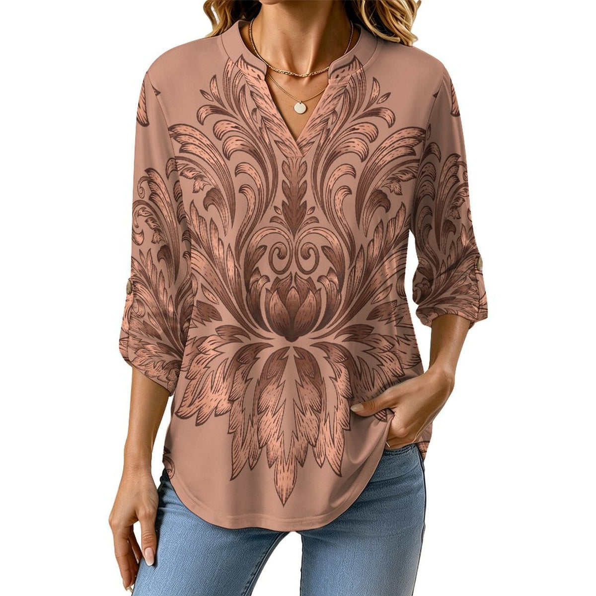 Stand-up Collar Long-sleeved Shirt Red, Retro Pattern  Customization Women’s V-Neck Blouses,long Sleeve,Roll-Up Sleeve Shirt