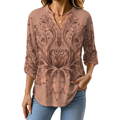 Stand-up Collar Long-sleeved Shirt Red, Retro Pattern  Customization Women’s V-Neck Blouses,long Sleeve,Roll-Up Sleeve Shirt