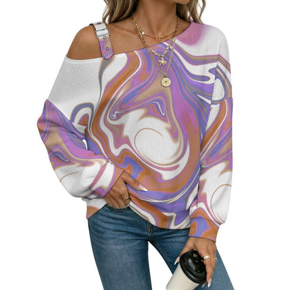 Off-the-shoulder Sweater Corlor Corlorful  Asymmetric Cold Shoulder Knit Sweater for Women, Adjustable Buckle Strap Long Sleeve Casual Slouchy Pullover