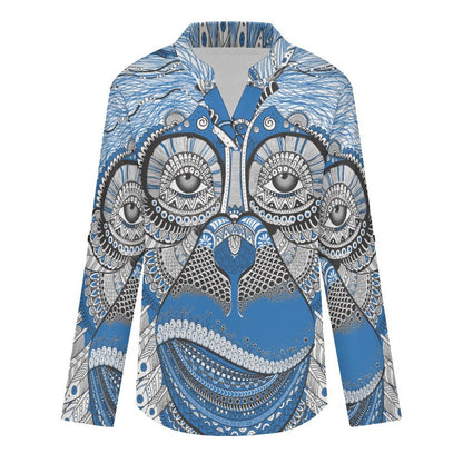 Stand-up Collar Long-sleeved Shirt Blue, Monkey  Customization Women’s V-Neck Blouses,long Sleeve,Roll-Up Sleeve Shirt