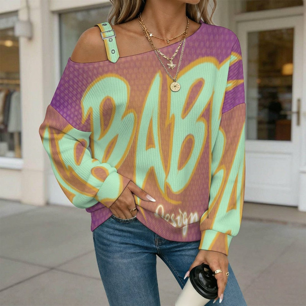 Off-the-shoulder Sweater Font Design-baby  Asymmetric Cold Shoulder Knit Sweater for Women, Adjustable Buckle Strap Long Sleeve Casual Slouchy Pullover