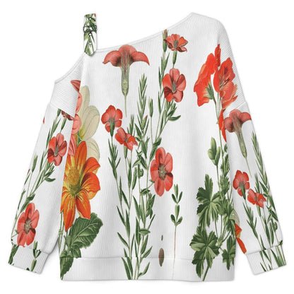 Off-the-shoulder Sweater Flowers  Asymmetric Cold Shoulder Knit Sweater for Women, Adjustable Buckle Strap Long Sleeve Casual Slouchy Pullover