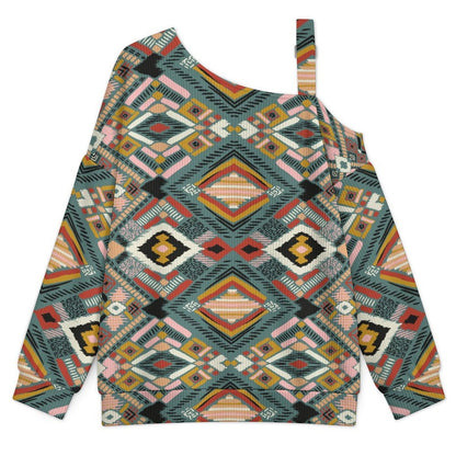 Off-the-shoulder Sweater Lingge European Retro Pattern  Asymmetric Cold Shoulder Knit Sweater for Women, Adjustable Buckle Strap Long Sleeve Casual Slouchy Pullover