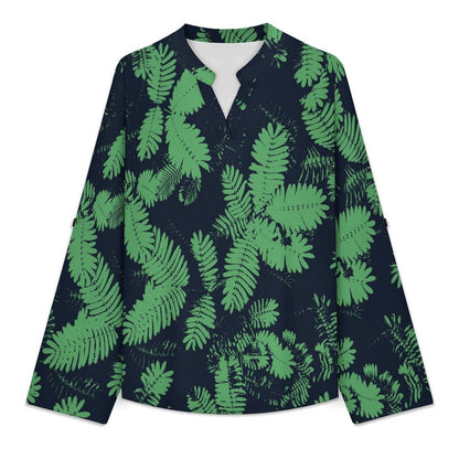 Stand-up Collar Long-sleeved Shirt Green Leaves  Customization Women’s V-Neck Blouses,long Sleeve,Roll-Up Sleeve Shirt