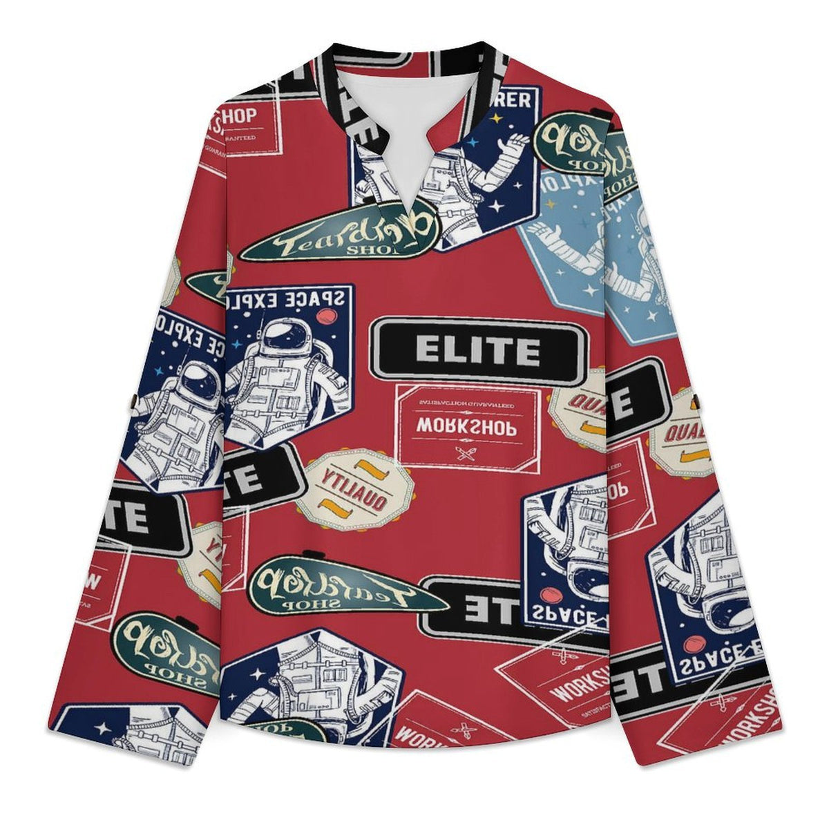 Stand-up Collar Long-sleeved Shirt Astronauts, Icons, Newspapers white S Women’s V-Neck Blouses