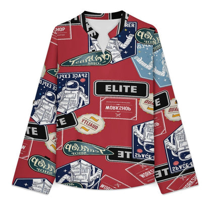 Stand-up Collar Long-sleeved Shirt Astronauts, Icons, Newspapers white S Women’s V-Neck Blouses