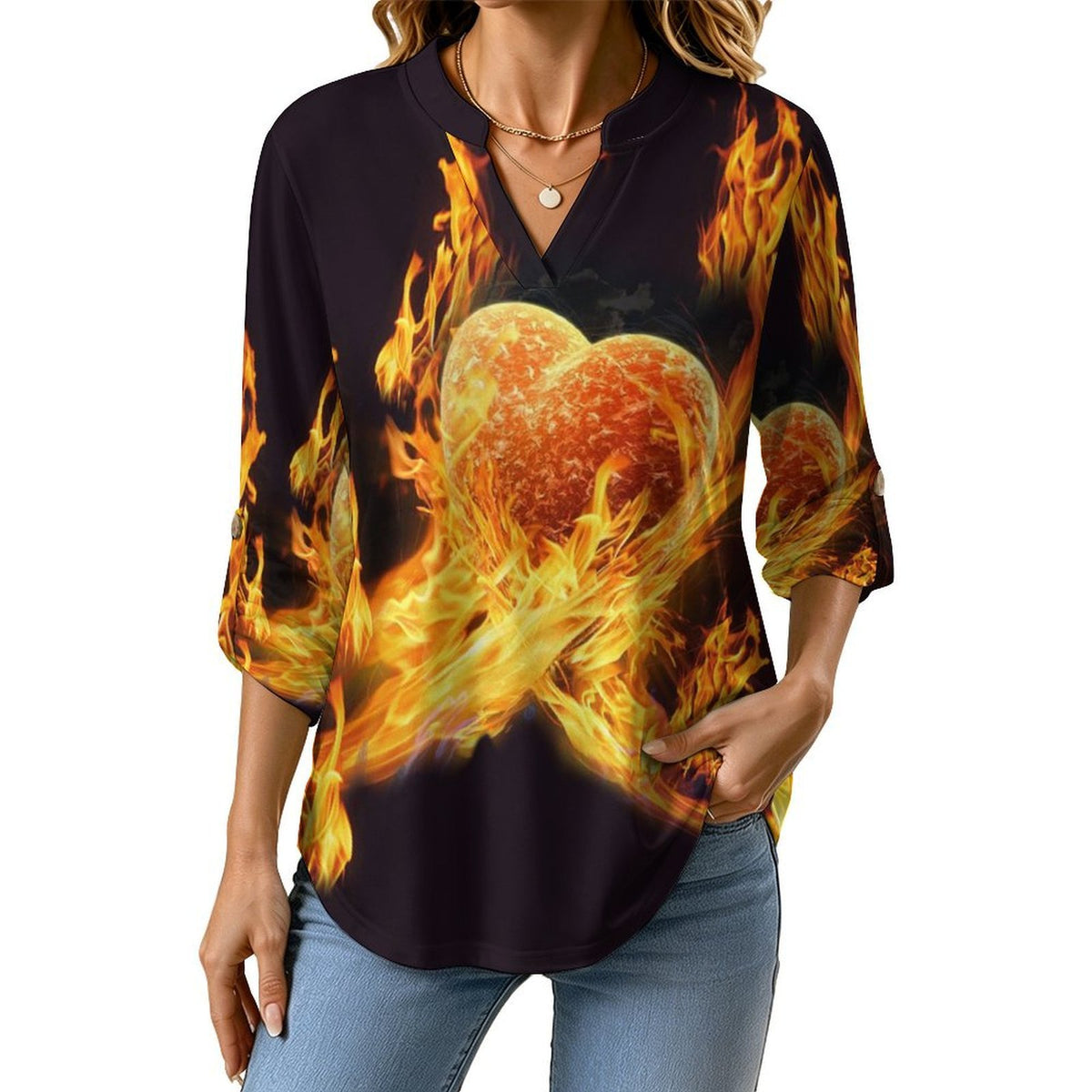 Stand-up Collar Long-sleeved Shirt Flame Heart  Customization Women’s V-Neck Blouses,long Sleeve,Roll-Up Sleeve Shirt