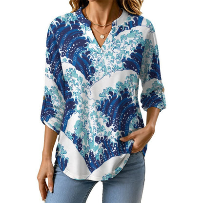 Stand-up Collar Long-sleeved Shirt Chinese Wind, Wave  Customization Women’s V-Neck Blouses,long Sleeve,Roll-Up Sleeve Shirt