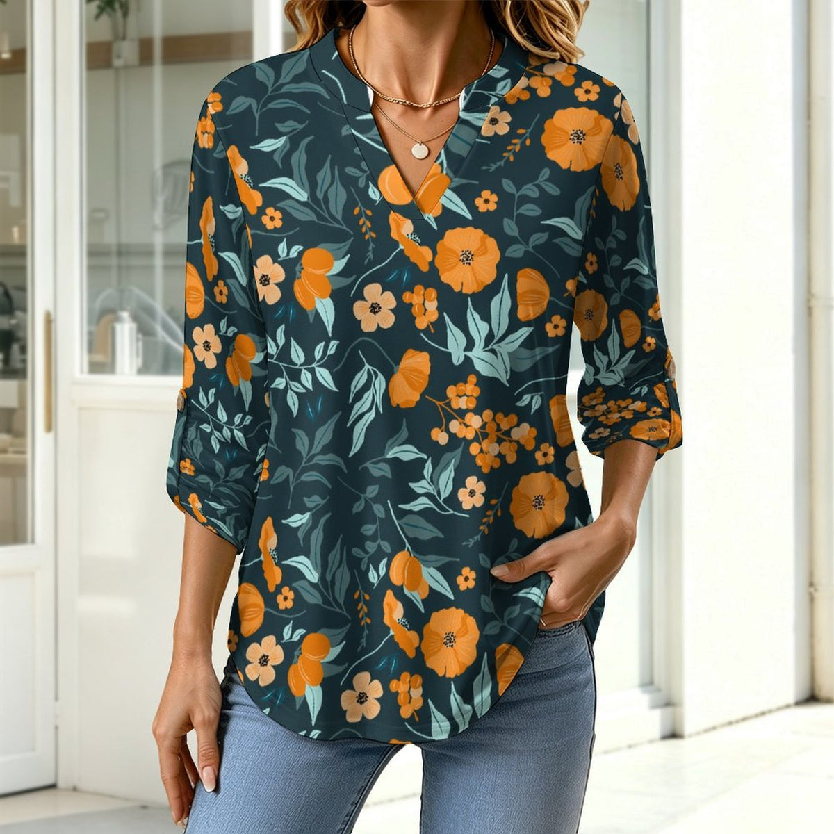 Versatile Notched V-Neck Tunic | Roll Tab 3/4 Sleeve Office Casual Top  Orange Blossom Repeat Pattern Dress for Women