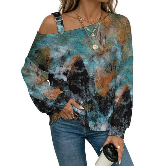 Off-the-shoulder Sweater Abstract Pattern  Asymmetric Cold Shoulder Knit Sweater for Women, Adjustable Buckle Strap Long Sleeve Casual Slouchy Pullover