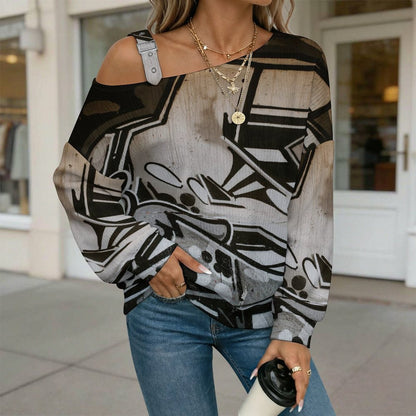 Off-the-shoulder Sweater Black And White Geometric Puzzle  Asymmetric Cold Shoulder Knit Sweater for Women, Adjustable Buckle Strap Long Sleeve Casual Slouchy Pullover