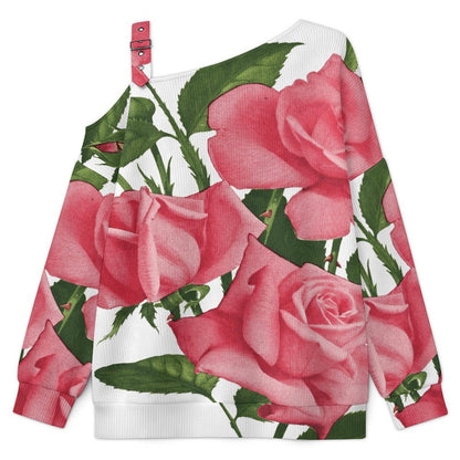 Off-the-shoulder Sweater Chinese Rose  Asymmetric Cold Shoulder Knit Sweater for Women, Adjustable Buckle Strap Long Sleeve Casual Slouchy Pullover