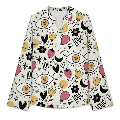 Strawberries, Flowers, Love  Versatile Notched V-Neck Tunic | Roll Tab 3/4 Sleeve Office Casual Top